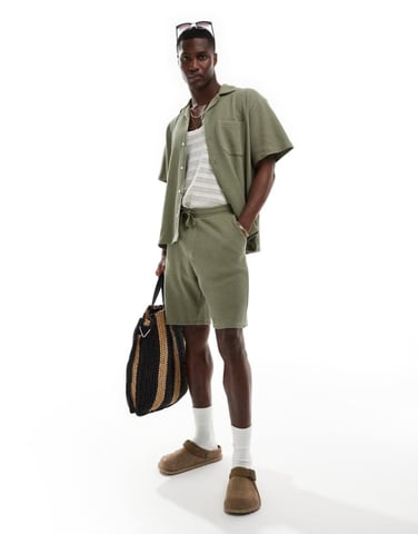 Selected co-ord waffle shorts in khaki