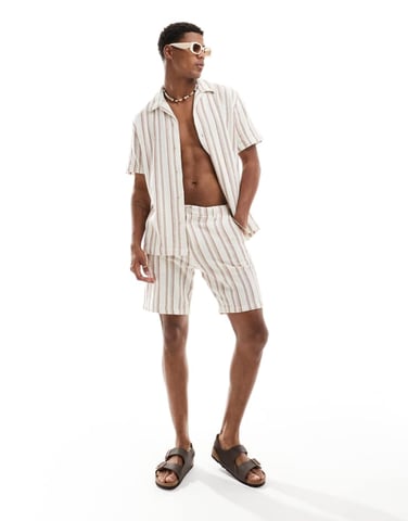 Selected co-ord textured short in cream stripe