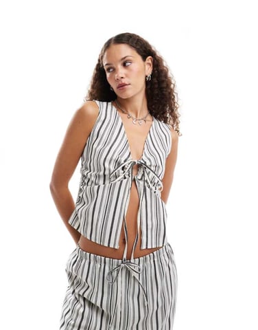 COLLUSION stripe woven look shirred tank top with tie side co-ord - MULTI
