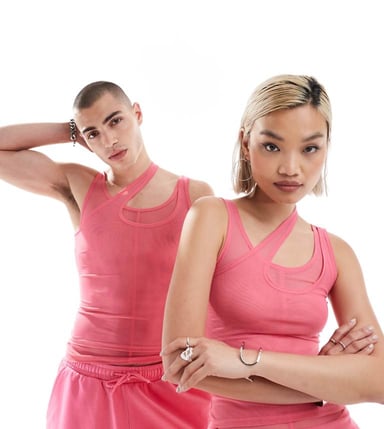 Weekday Unisex sheer mesh double layer top in bright pink exclusive at ASOS