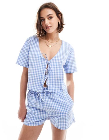 ASOS DESIGN top with tie front in blue gingham