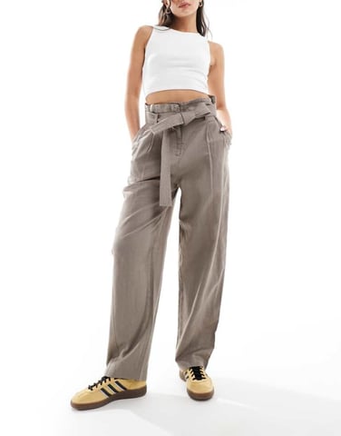 & Other Stories linen blend paper bag waist trousers in taupe