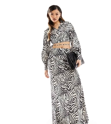 In The Style exclusive satin fishtail maxi skirt co-ord in zebra