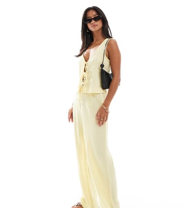 Vero Moda Petite textured jersey trouser co-ord in pale lemon