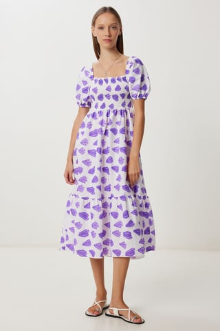 Frilly Abstract Print A-Line Midi Dress with Square Collar
