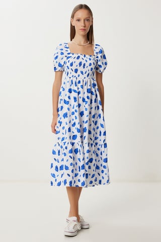 Frilly Abstract Print A-Line Midi Dress with Square Collar