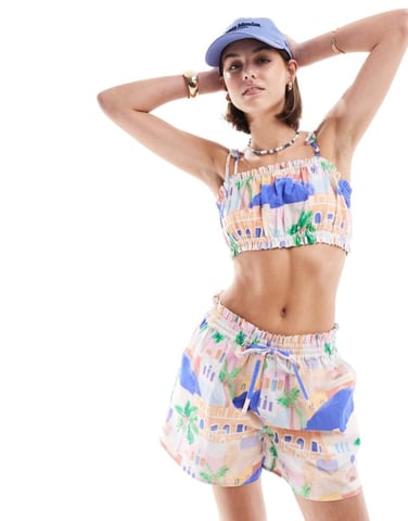 ASOS DESIGN crop top with tie detail in scenic print co-ord