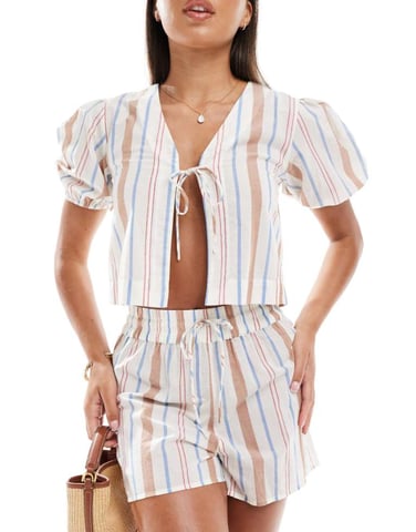 ASOS DESIGN Carrie cotton co-ord tie front beach top in multi stripe