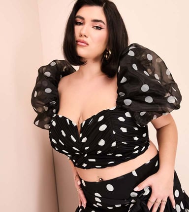 ASOS LUXE Curve co-ord organza puff sleeve polka dot top with bow back in monochrome