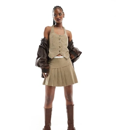 Reclaimed Vintage boxer waistband pleated tailored skirt mini skirt in brown pinstripe