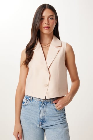 Sleeveless Linen Shawl Collar Cropped Waistcoat