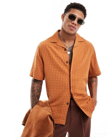 ASOS DESIGN short sleeve relaxed revere seersucker shirt in mustard