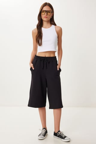 Mid Waist Wide Leg Capri Shorts with Drawstring Waist