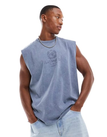 ASOS DESIGN heavyweight oversized tank in washed blue with sports chest print