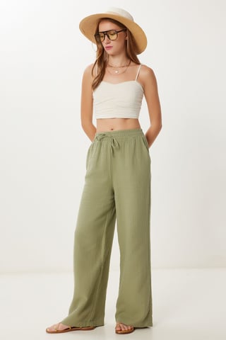 Wide Leg Drawstring Waist Pants with Binding Detail