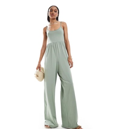 ASOS DESIGN Tall scoop Neck Strappy wide leg jumpsuit in khaki