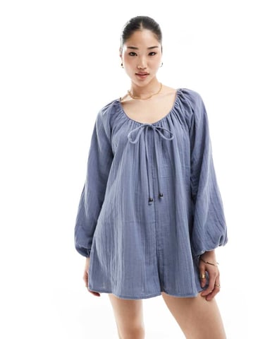 ASOS DESIGN long sleeve romper playsuit with bead detailing in blue