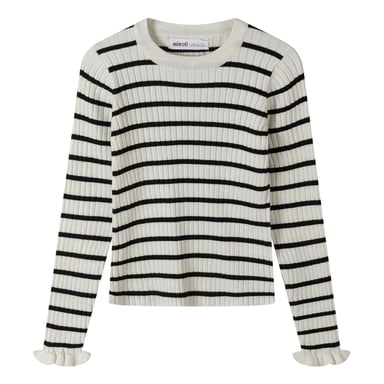 Minoti Girls Striped Ribbed Frill Cuff Jumper (Black/White)