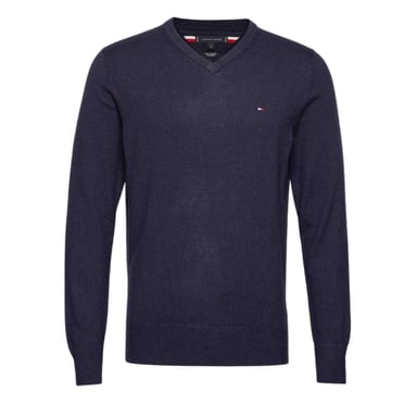 Tommy Hilfiger Mens Cotton Blend V Neck Sweater Top (Navy Melange)