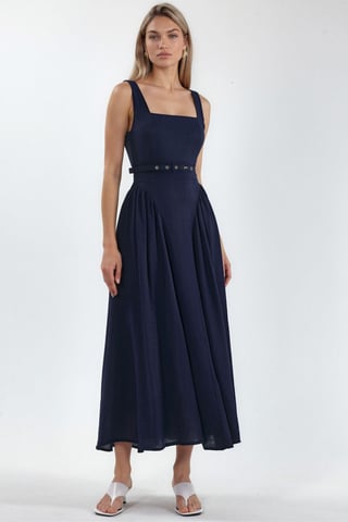 Square Collar Belted Midi Dress