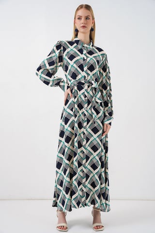 Plaid Midi Shirt Dress with Button Closure