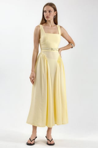 Square Collar Belted Midi Dress