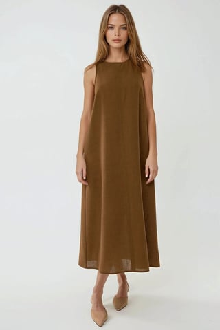 Linen Feel Sleeveless Crew Neck Midi Dress
