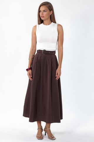 Belted A-Line Midi Dress with Crew Neck
