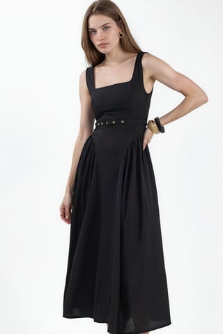 Square Collar Belted Midi Dress