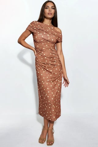 Asymmetric Neck Floral Midi Dress