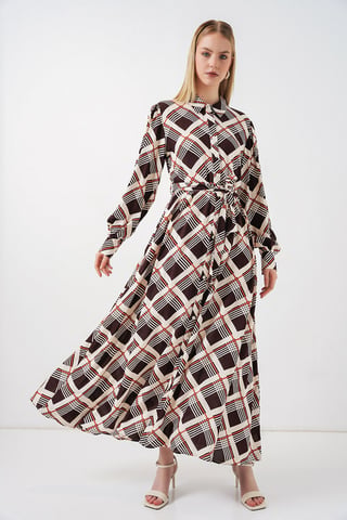 Plaid Midi Shirt Dress with Button Closure