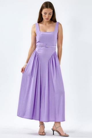 Square Collar Belted Midi Dress