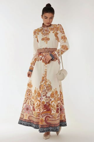 Printed A-Form Maxi Dress with Belt