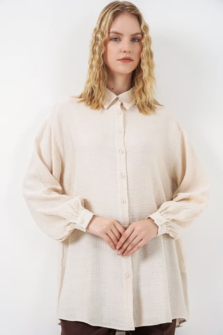 Oversized Textured Long Blouse with Shirt Collar