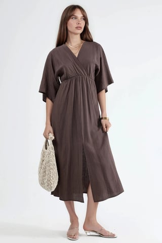 V-Neck Midi Wrap Dress with Three Quarter Sleeves