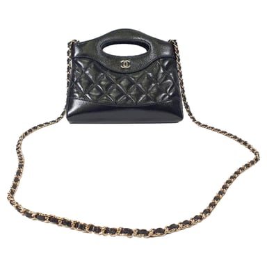 Chanel Quilted Shiny Nano 31 Shopping Bag in Black Calfskin Leather