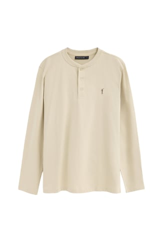 Beige T-shirt met een henley-kraag en geborduurd Rigby Go-logo