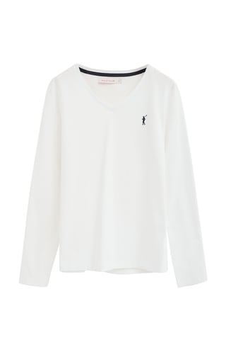 Wit T-shirt met lange mouwen, V-hals en geborduurd Rigby Go-logo