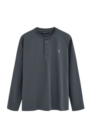Steengrijs T-shirt met een henley-kraag en geborduurd Rigby Go-logo