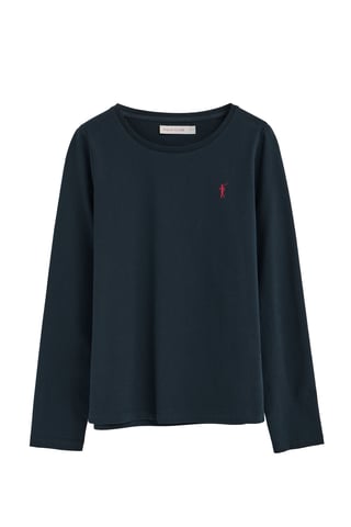 Marineblauw T-shirt met lange mouwen, ronde hals en geborduurd Rigby Go-logo
