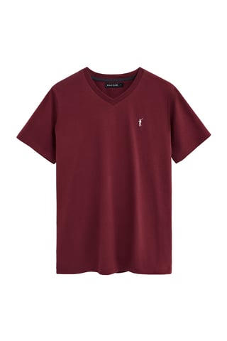 Bordeauxrood T-shirt met V-hals en Rigby Go-logo