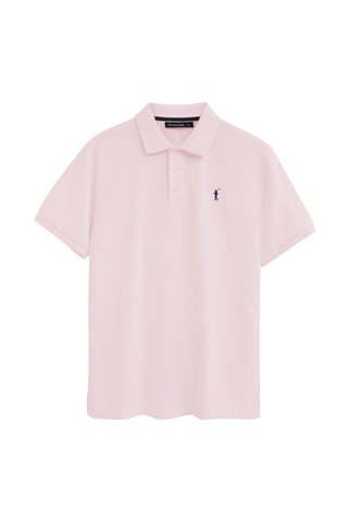 Pink short-sleeve polo shirt with Rigby Go embroidered logo
