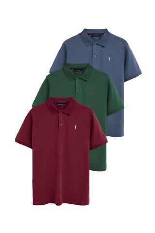 Pack van drie herenpolo's in denimblauw, donkergroen en bordeauxrood met korte mouwen en geborduurd Rigby Go-logo