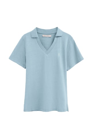 Lichtblauwe katoen-linnen polo met kraag zonder knopen en geborduurd Rigby Go-logo
