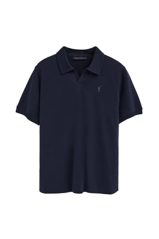 Marineblauwe polo met een subtiele microstructuur en geborduurd Rigby Go-logo