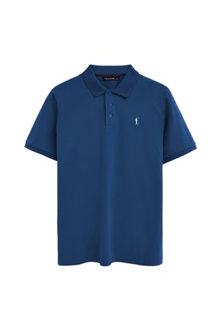 Indigo-blue short-sleeve polo shirt with Rigby Go embroidered logo
