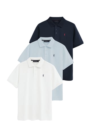 Pack van drie herenpolo's in lichtblauw, marineblauw en wit met korte mouwen en geborduurd Rigby Go-logo