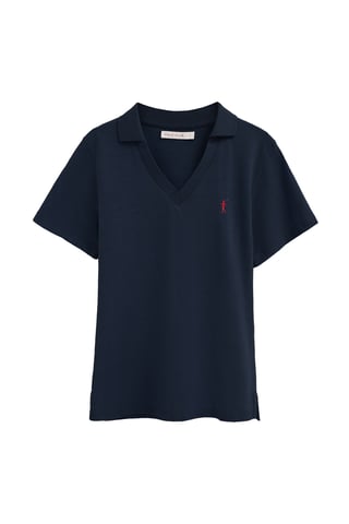 Marineblauwe katoen-linnen polo met kraag zonder knopen en geborduurd Rigby Go-logo