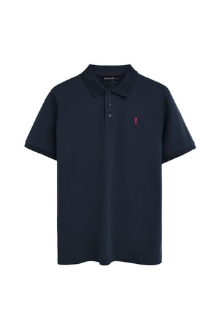 Navy-blue short-sleeve polo shirt with Rigby Go embroidered logo