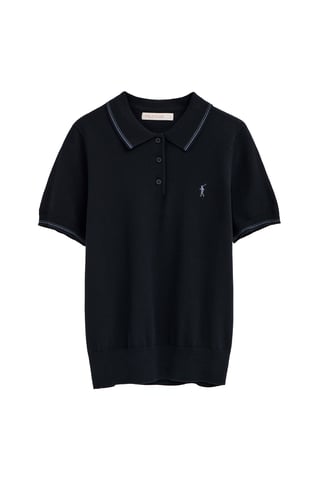 Marineblauw trui met korte mouwen, polokraag en geborduurd Rigby Go-logo